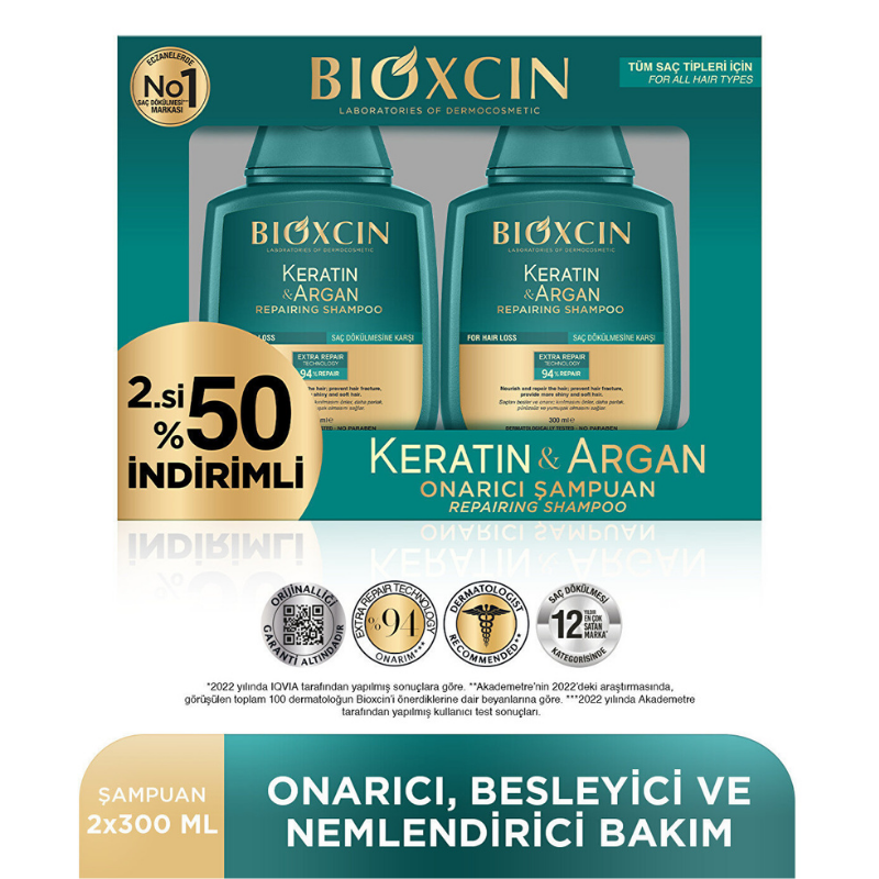 Bioxcin Keratin & Argan Onarıcı Şampuan 300 ml x 2 adet - 2.si %50 İndirimli
